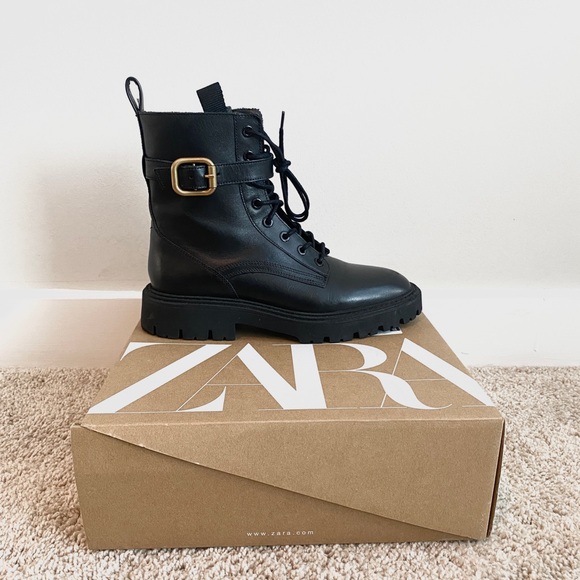 ZARA Black Leather Combat Boot Lace + Buckle Closure Size EU 38 [2177-811-040] - Picture 2 of 12